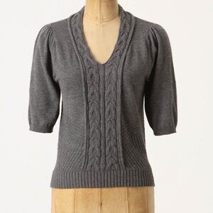 MOTH by Anthropologie Cable Knit Gray V-Neck 3/4 Sleeve Sweater Women’s Small